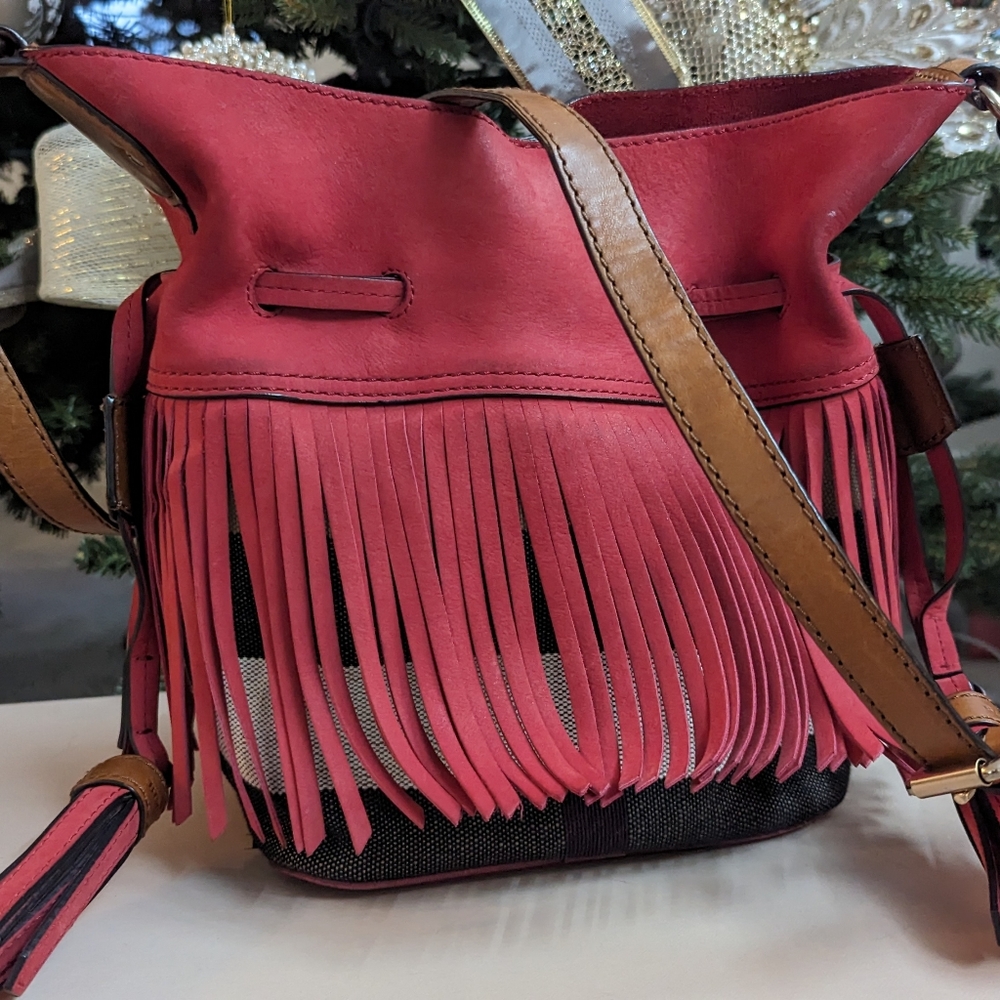 Burberry Suede Fringe Small Belgrove Bucket Bag Red